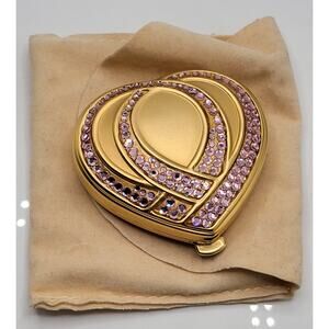 Estee Lauder Heart Compact Pink Rhinestone Gold Tone Unused w Pouch Powder